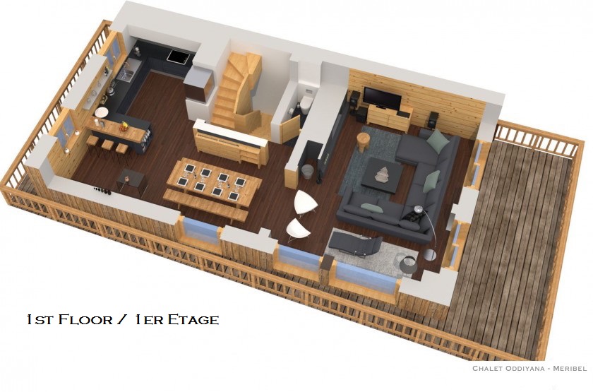 Lounge with fireplace, dining room for 12, kitchen with bar